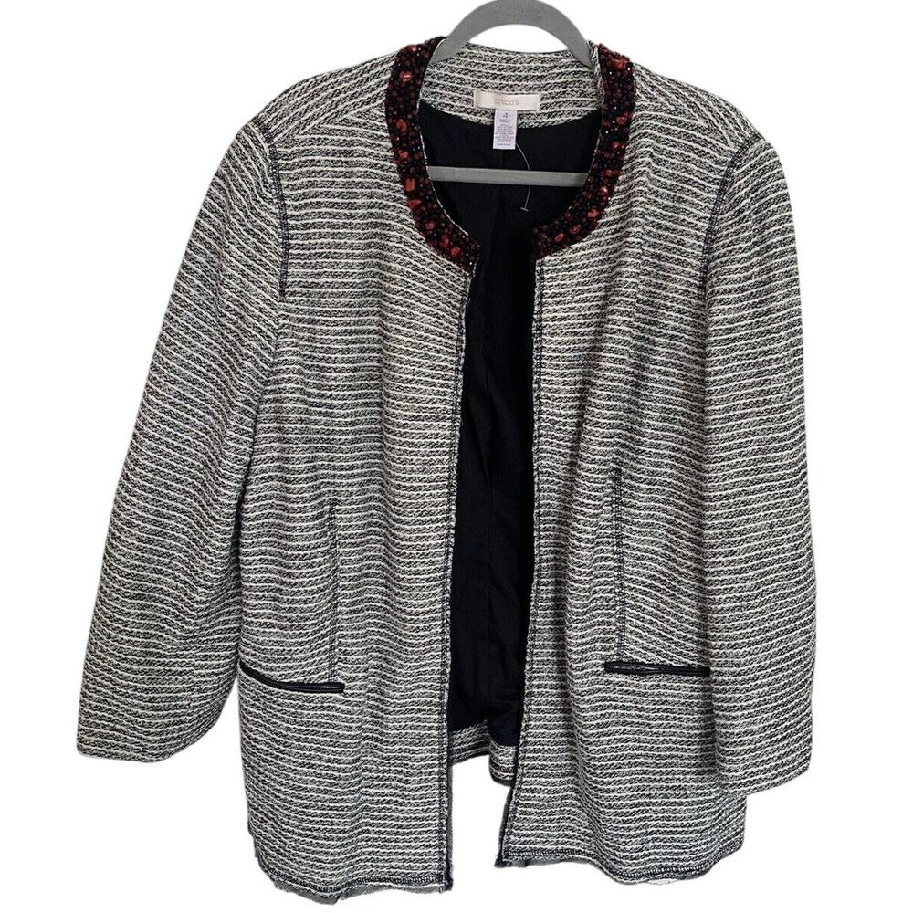 Chico's Tweed Blazer Womens 4 XL Black White Striped Red Beaded Excellent Jacket